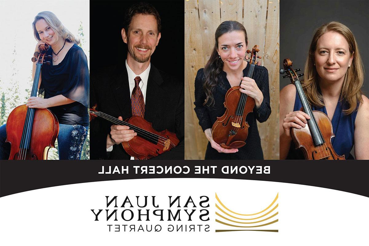 Three performers for the San Juan Symphony String Quarter with the logo of the company at the bottom